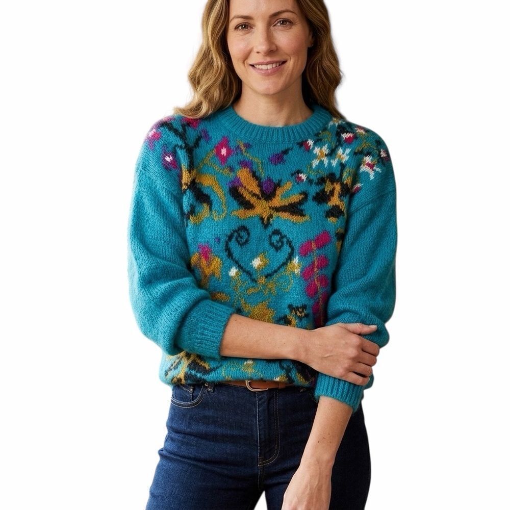 Vintage Dana Ashley Women’s Wool Mahair Embroidered Floral Sweater Turquoise L